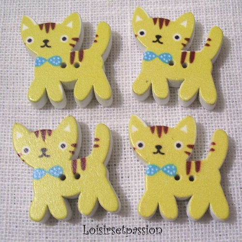 Bouton bois décoratif - chat chaton / jaune ** 25 x 25 mm ** vendu à l'unité - bbf15