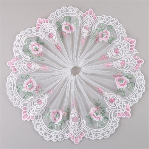Large dentelle brodée sur voile blanc, fleur coquille / rose ** 18 cm ** vendu par 16 cm (1 motif) - d017