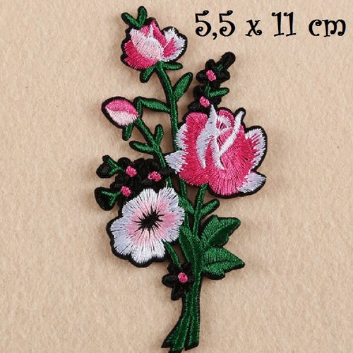 Écusson patch brodé thermocollant - bouquet de fleur rose ** 5,5 x 11 cm ** applique à repasser - c127
