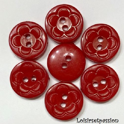 Lot de 6 boutons rond plat 2 trous, fleur / rouge ** 13 mm ** couture, layette, scrapbooking, carterie - b38