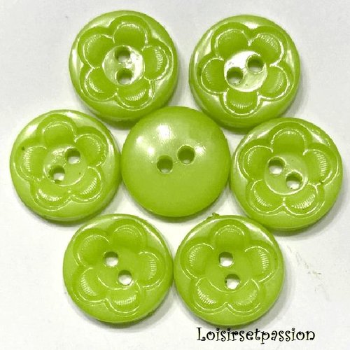 Lot de 6 boutons rond plat 2 trous, fleur / vert jaune ** 13 mm ** couture, layette, scrapbooking, carterie - b38