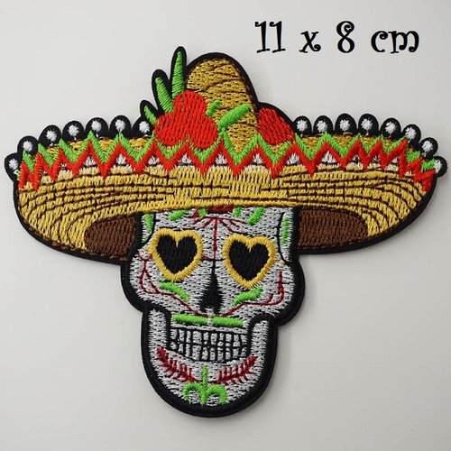 Écusson patch thermocollant, tête de mort, chapeau mexicain ** 11 x 8 cm ** applique à repasser