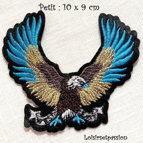 Applique écusson - aigle royal, ailes bleues dorées ** 10 x 9 cm ** patch à coudre
