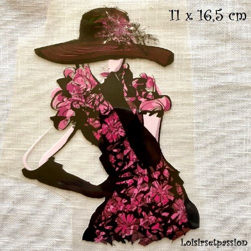 Patch applique, dessin transfert thermocollant, femme élégante, chapeau mode ** 11 x 16,5 cm ** sérigraphie à repasser - t195