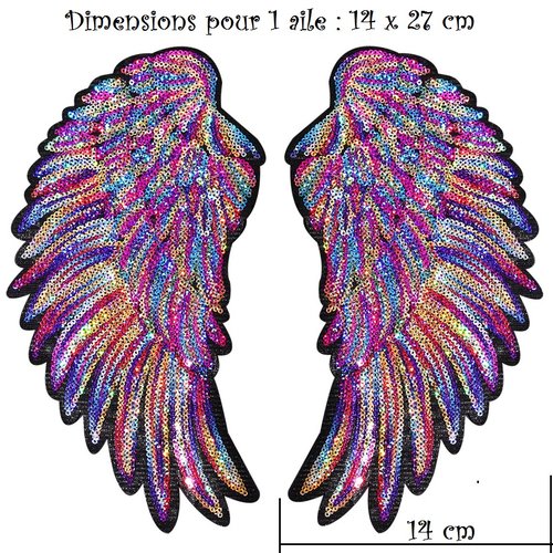 Grand écusson, lot de 2 patchs thermocollants - ailes d'ange, sequin multicolore ** 14 x 27 cm ** applique à repasser