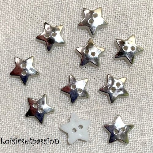 Lot de 10 boutons étoile plat 2 trous - b16 / argenté ** 12 mm ** couture, layette, scrapbooking, carterie