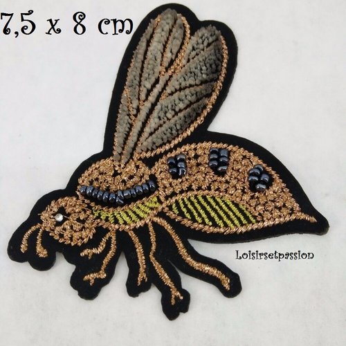 Écusson patch brodé thermocollant + perle - guêpe, abeille, ailes velours ** 7,5 x 8 cm ** applique à repasser