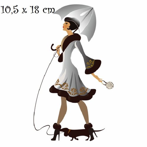 Patch applique, dessin transfert thermocollant, femme élégante, parapluie chien ** 10,5 x 18 cm ** sérigraphie à repasser - t213