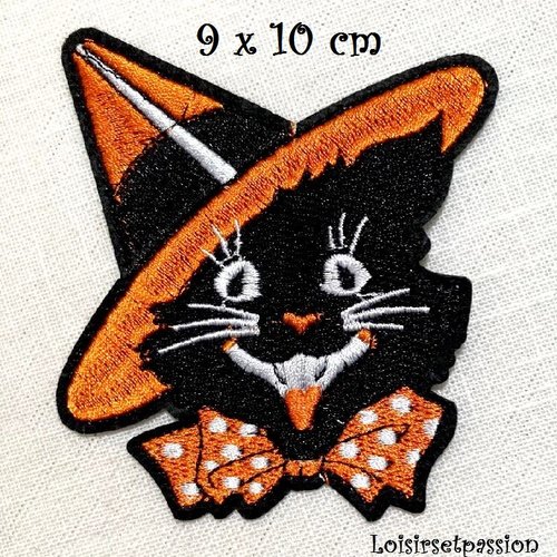 Écusson patch brodé thermocollant - chat noir, chapeau orange, halloween ** 9 x 10 cm ** applique à repasser