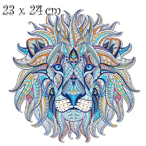 Grand patch applique, dessin transfert thermocollant, tête de lion / bleu ** 23 x 24 cm ** sérigraphie à repasser - t950