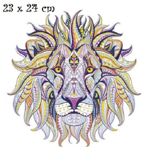 Grand patch applique, dessin transfert thermocollant, tête de lion / jaune mauve ** 23 x 24 cm ** sérigraphie à repasser - t950