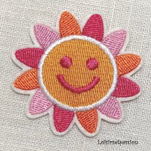 Écusson patch thermocollant - fleur soleil sourire, orange rose ** 5,5 cm ** applique à repasser - c134