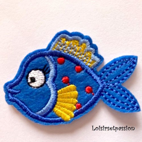 Écusson patch - petit poisson pois / bleu roi ** 3,5 x 5,5 cm ** applique brodée thermocollante