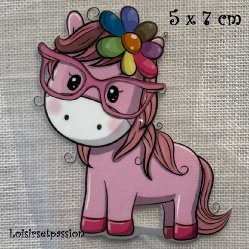 Patch applique, dessin transfert thermocollant, cheval poney rose, lunette fleur ** 5 x 7 cm ** sérigraphie à repasser - t113