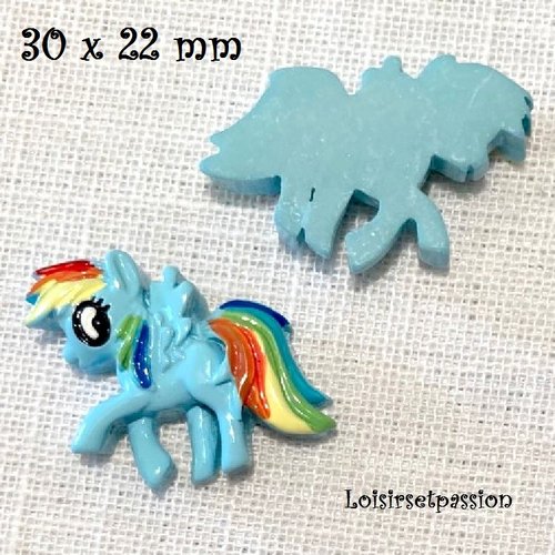 Embellissement en résine, poney cheval bleu, arc en ciel, 30 x 22 mm, applique à coller, vendu à l'unité, scrapbooking carterie - r107