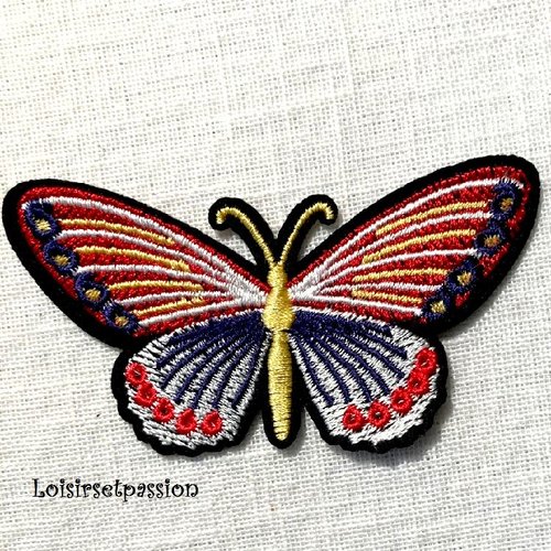 Écusson patch - papillon rayures bleu blanc rouge ** 9 x 4,5 cm ** applique brodée thermocollante
