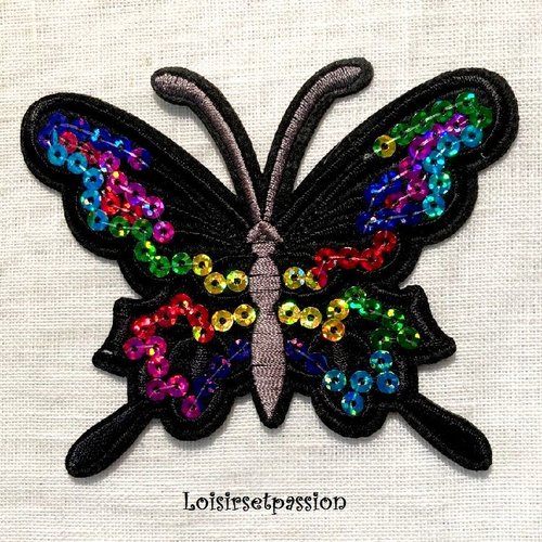 Écusson patch - papillon sequin multicolore ** 11 x 9 cm ** applique brodée thermocollante
