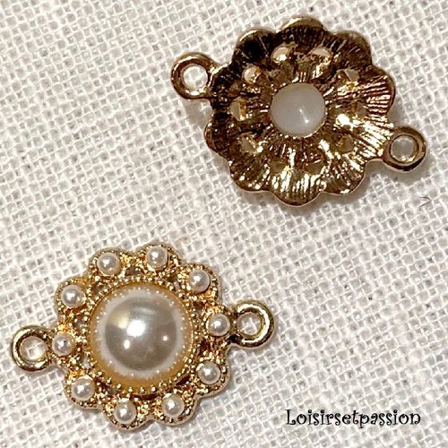 Perle connecteur - rond ciselé perle nacrée, métal doré ** 21 x 15  mm ** charm, breloque - vendu à l'unité - pm35