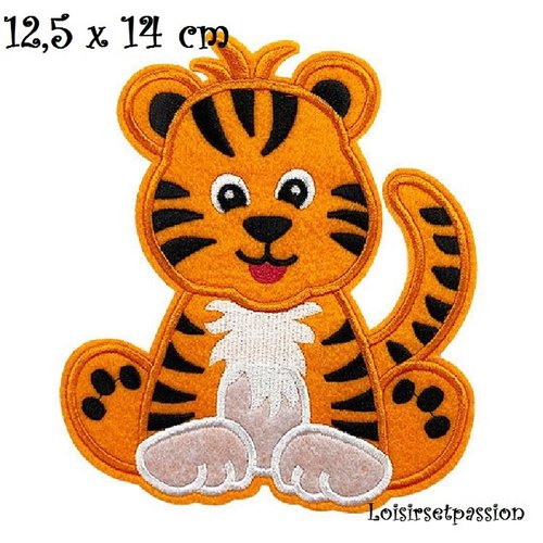 Grand écusson patch, chat tigre ** 12,5 x 14 cm ** applique brodée thermocollante, applique à repasser