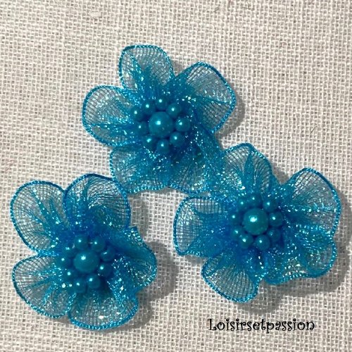 Applique fleur, coeur perle, en ruban organza irisé scintillant, bleu turquoise ** 30 mm ** à coudre ou à coller, vendu à l'unité - f06