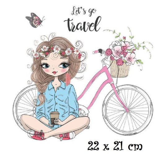 Patch applique, dessin transfert thermocollant - fille assise bicyclette, panier de fleur ** 22 x 21 cm ** sérigraphie à repasser - t946