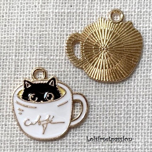 Breloque / charm / pendentif - chat noir, tasse café blanc, émaillé métal doré ** 20 x 20 mm ** vendu à l'unité - 128