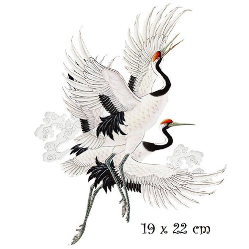 Patch applique, dessin transfert thermocollant, couple oiseaux grue cigogne, blanc ** 19 x 22 cm ** sérigraphie à repasser - t945