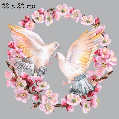 Patch applique, dessin transfert thermocollant, rond couronne de fleurs, oiseau colombe ** 22 x 22 cm ** sérigraphie à repasser - t944