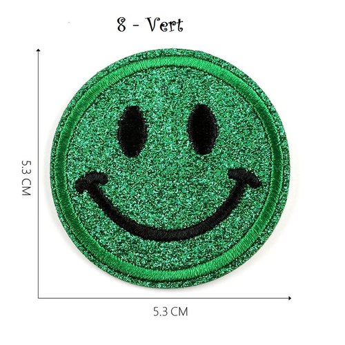 Écusson patch scintillant, tête ronde sourire / 8 - vert ** 5,3 cm ** applique thermocollante, applique à repasser