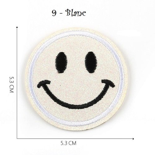 Écusson patch scintillant, tête ronde sourire / 9 - blanc ** 5,3 cm ** applique thermocollante, applique à repasser