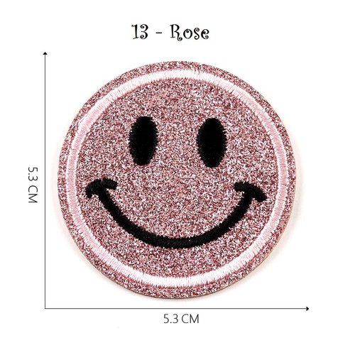 Écusson patch scintillant, tête ronde sourire / 13 - rose ** 5,3 cm ** applique thermocollante, applique à repasser