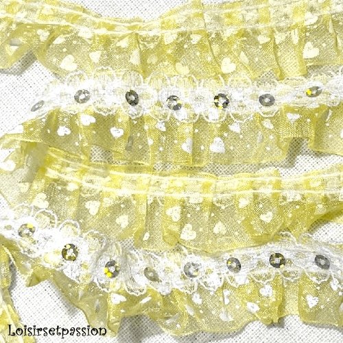 Dentelle plissée 2 rangs petits coeurs plumetis / jaune ** 25 mm ** organza sequin froncée - vendu par 50 cm - df12