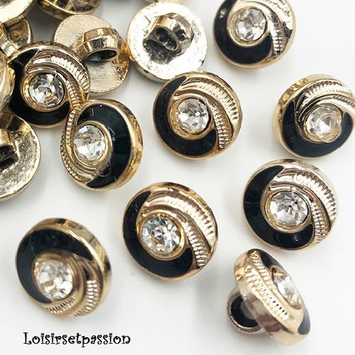 Bouton perle tige / noir doré strass ** 11,5 mm ** vendu à l'unité - tricot couture - b21
