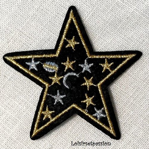 Écusson patch thermocollant - étoile noir doré argenté ** 7 x 7 cm ** applique brodée à repasser