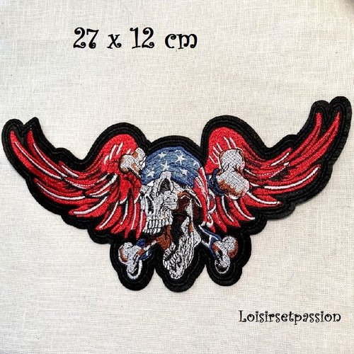Grand écusson  patch -tête de mort, ailes d'ange ** 27 x 12 cm ** applique brodée thermocollante, à repasser - blouson moto