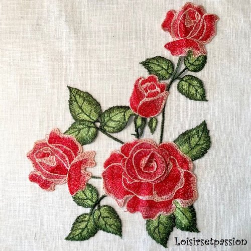 Applique brodée / corail ** 23 x 34 cm ** fleurs rose et feuille - patch à coudre - acd51