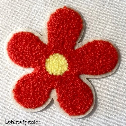 Applique écusson patch - fleur tissu éponge / rouge vermillon ** 8 x 8 cm ** à coudre