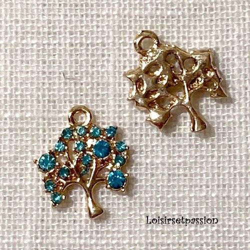 Breloque / charm / pendentif - arbre fruit strass bleu, métal doré ** 14 x 17 mm ** vendu à l'unité - 210