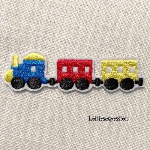 Écusson patch brodé thermocollant - train locomotive wagon, bleu rouge jaune ** 2 x 7,5 cm ** applique à repasser