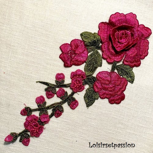 Grande applique fleur 3d brodée - rose fuchsia ** 13 x 30 cm ** fleur rose et feuille - acd46