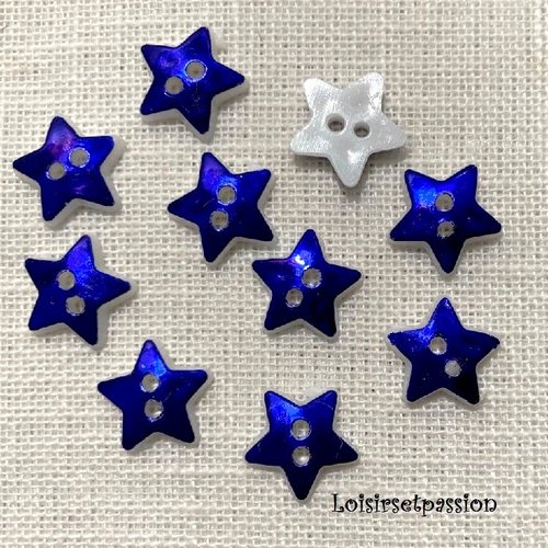 Lot de 10 boutons étoile plat 2 trous - b16 / bleu scintillant ** 12 mm ** couture, layette, scrapbooking, carterie