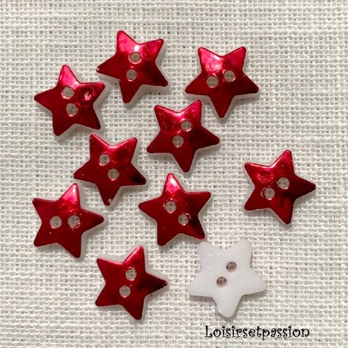 Lot de 10 boutons étoile plat 2 trous - b16 / rouge scintillant ** 12 mm ** couture, layette, scrapbooking, carterie