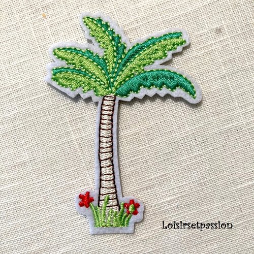 Applique patch - arbre palmier cocotier, petites fleurs ** 6 x 8,5 cm ** écusson brodé thermocollant - applique à repasser