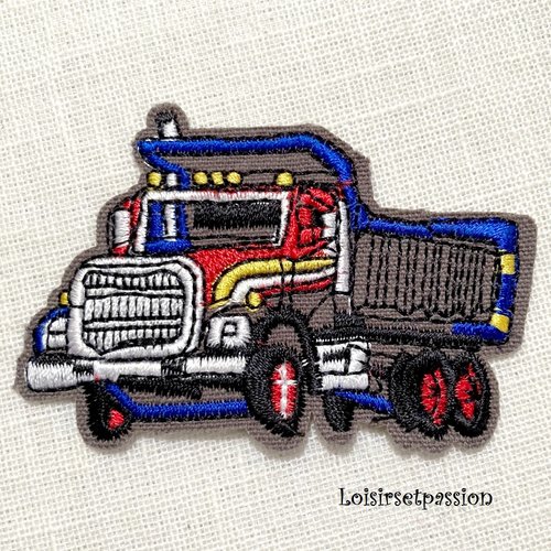 Écusson patch brodé thermocollant - camion bleu et rouge ** 7 x 4,5 cm ** applique à repasser