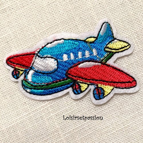 Écusson patch brodé thermocollant - avion bleu et rouge ** 6,5 x 4 cm ** applique à repasser