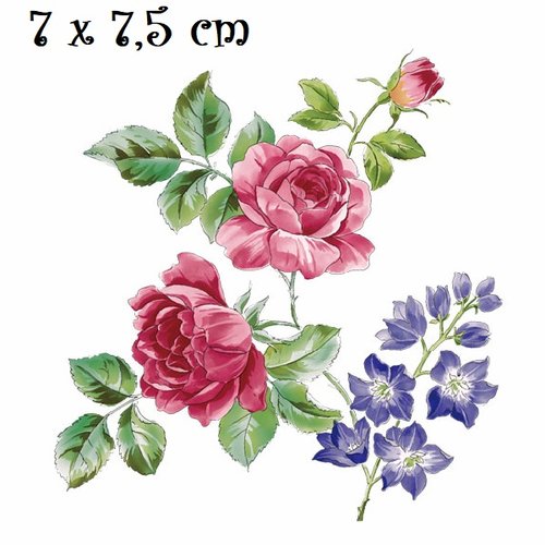Patch applique, dessin transfert thermocollant, bouquet de fleurs, roses et glycine ** 7 x 7,5 cm ** sérigraphie à repasser - t224