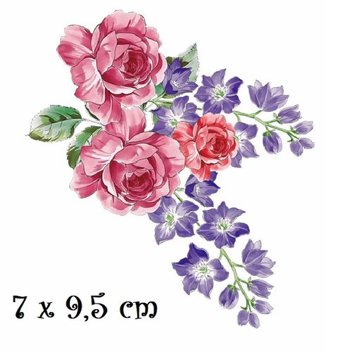 Patch applique, dessin transfert thermocollant, bouquet de fleurs, roses et glycine ** 7 x 9,5 cm ** sérigraphie à repasser - t225