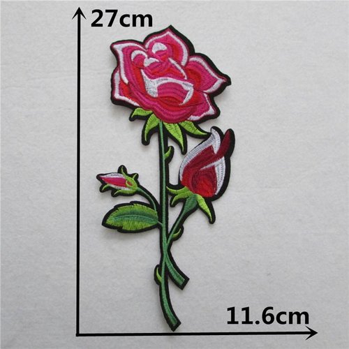 Grand écusson - fleur rose sur tige ** 11,6 x 27 cm ** patch brodé thermocollant - applique à repasser