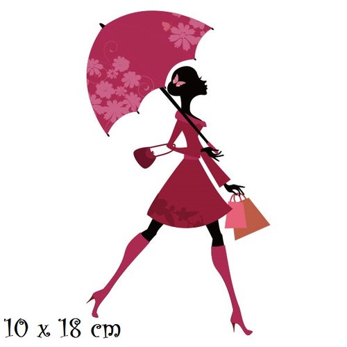 Patch applique, dessin transfert thermocollant, femme shopping, parapluie bordeaux ** 10,5 x 18 cm ** sérigraphie à repasser - t226
