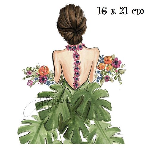 Patch applique, dessin transfert thermocollant - fille robe fleuri, plante monstera deliciosa * 16 x 21 cm * sérigraphie à repasser - t936